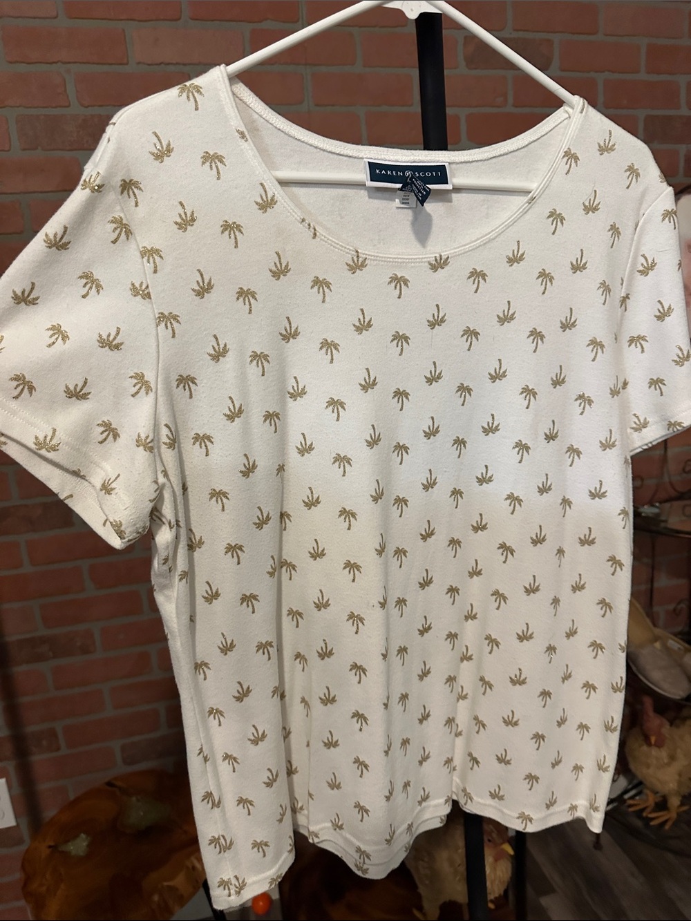 Karen Scott Cream Short-Sleeve Tee with Gold Palm Print